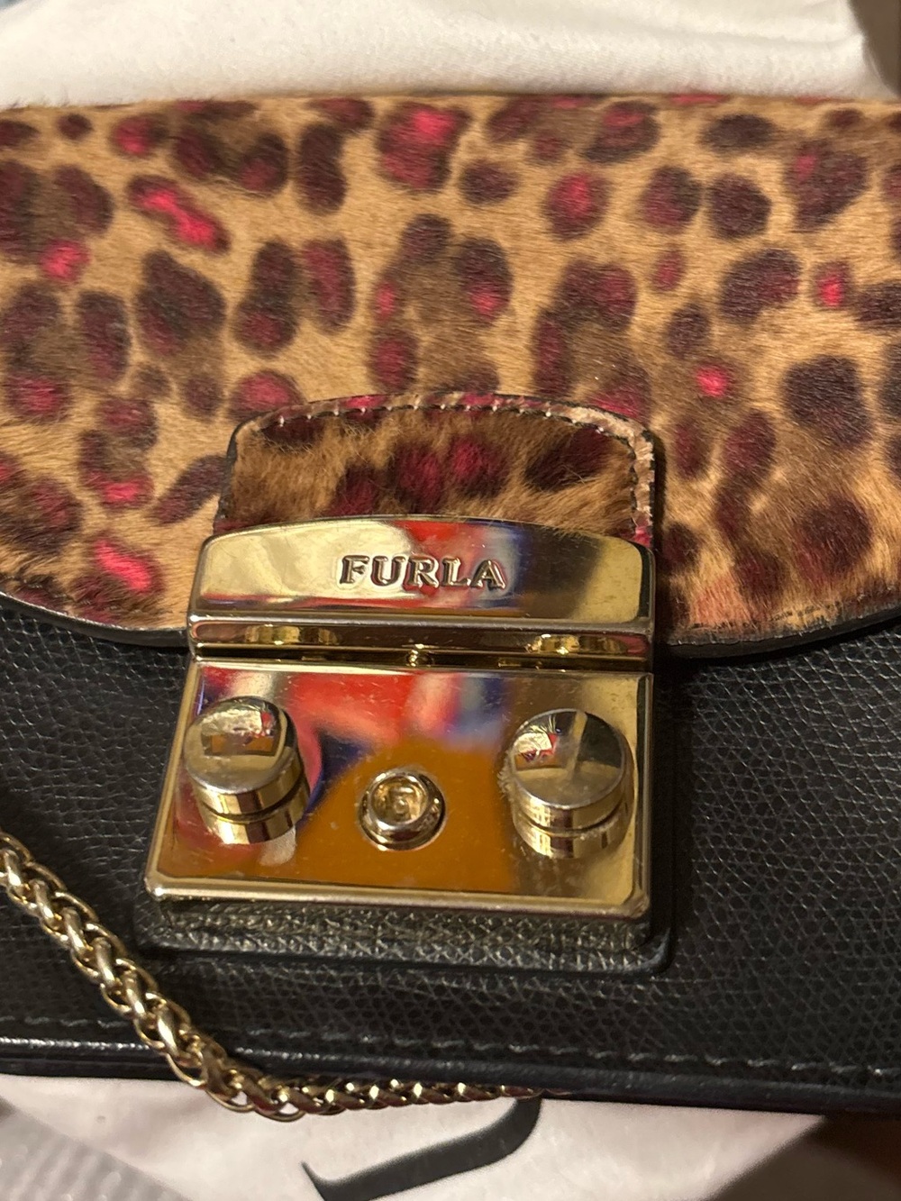 Furla Black Leather Crossbody with Leopard Fur Print Flap and Red Accents - Picture 4 of 8